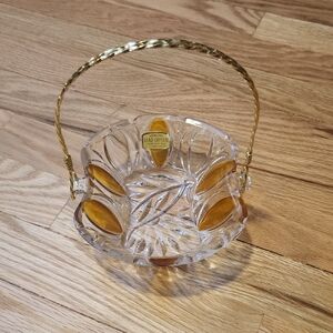 Lead Crystal Leaf Design Basket with Removable Gold Handle West Germany